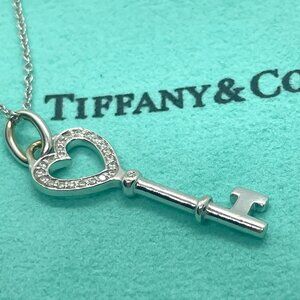 Tiffany & Co Diamond 18K White Gold Heart Key Pendant 18" Chain Necklace in Box